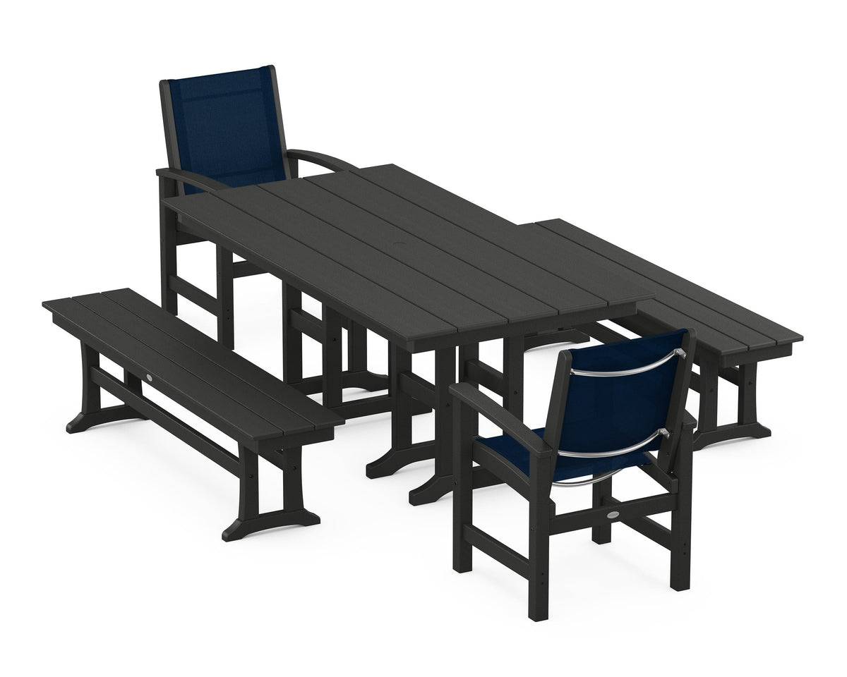 POLYWOOD Coastal 5-Piece Farmhouse Dining Set with Farmhouse 37" x 72" Dining Table in Black / Navy Blue
