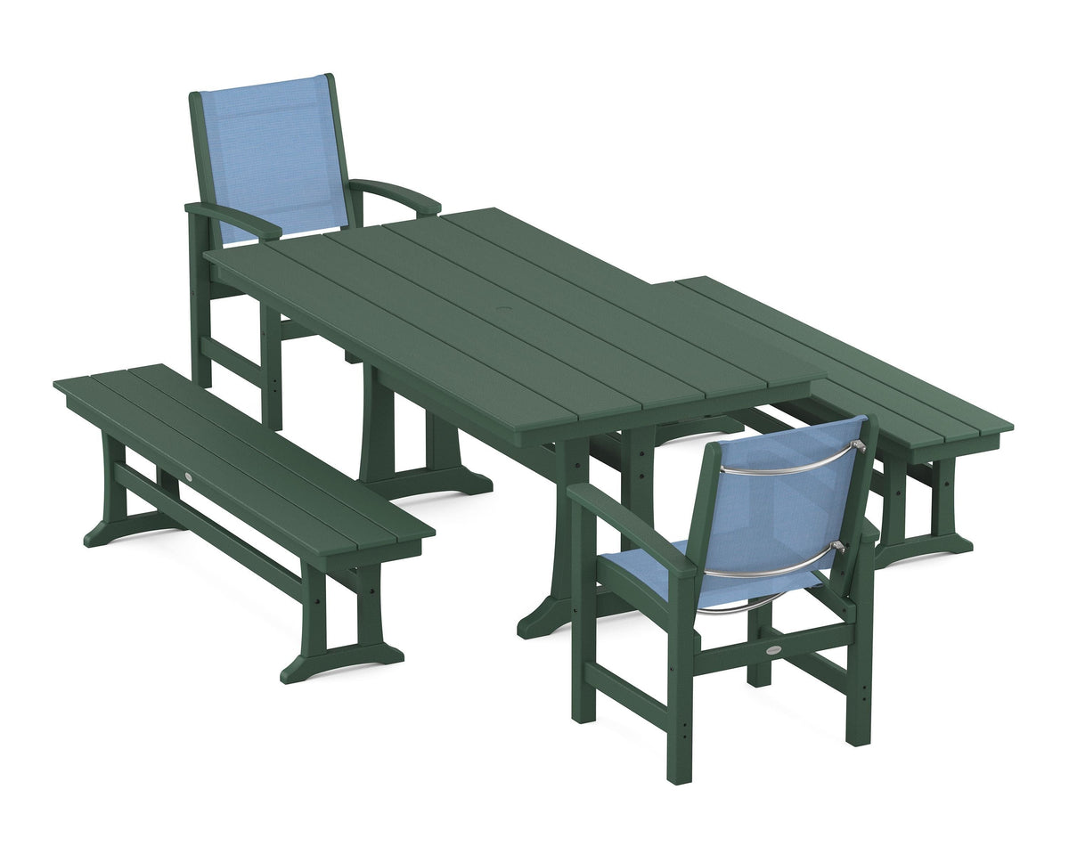 POLYWOOD Coastal 5-Piece Farmhouse Dining Set with Trestle Legs and Benches in Green / Poolside