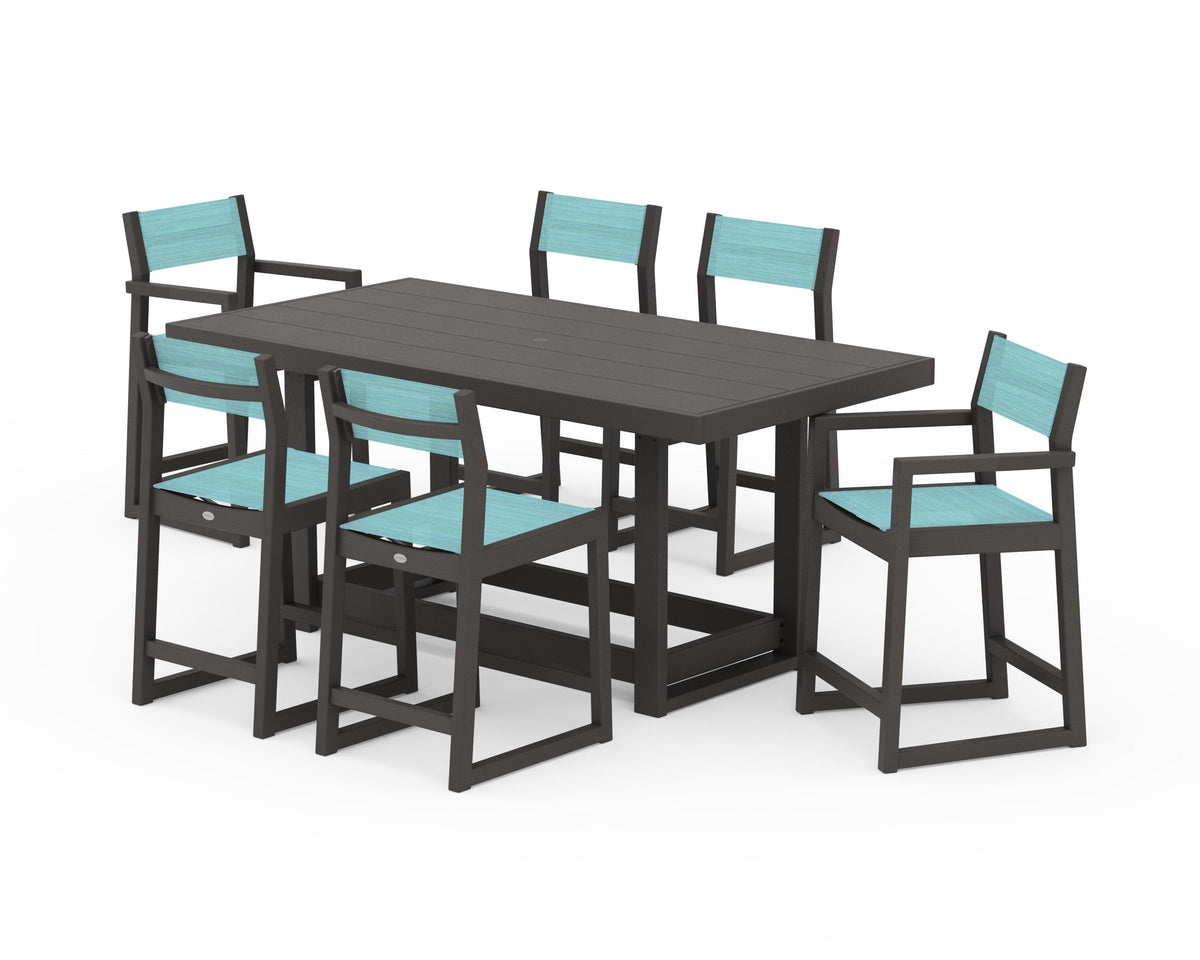 POLYWOOD EDGE Sling 7-Piece Counter Table Set in Vintage Coffee / Dupioni Aquamarine