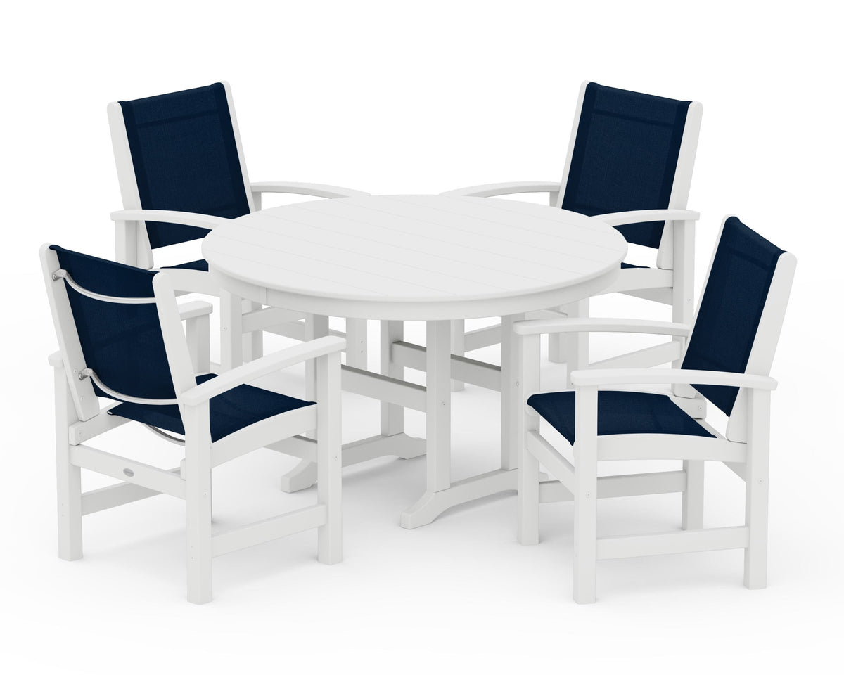 POLYWOOD Coastal 5-Piece Round Farmhouse Dining Set in White / Navy Blue