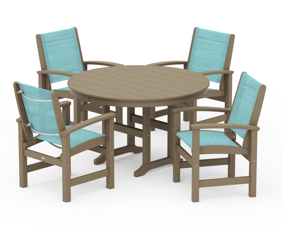 POLYWOOD Coastal 5-Piece Round Farmhouse Dining Set in Vintage Sahara / Dupioni Aquamarine