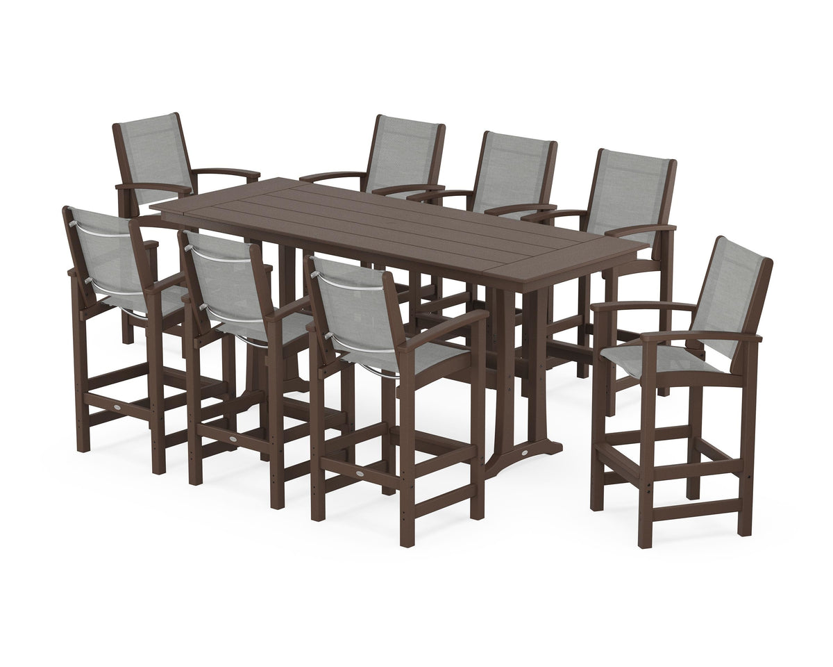 POLYWOOD Coastal 9-Piece Farmhouse Bar Set with Trestle Legs in Mahogany / Metallic