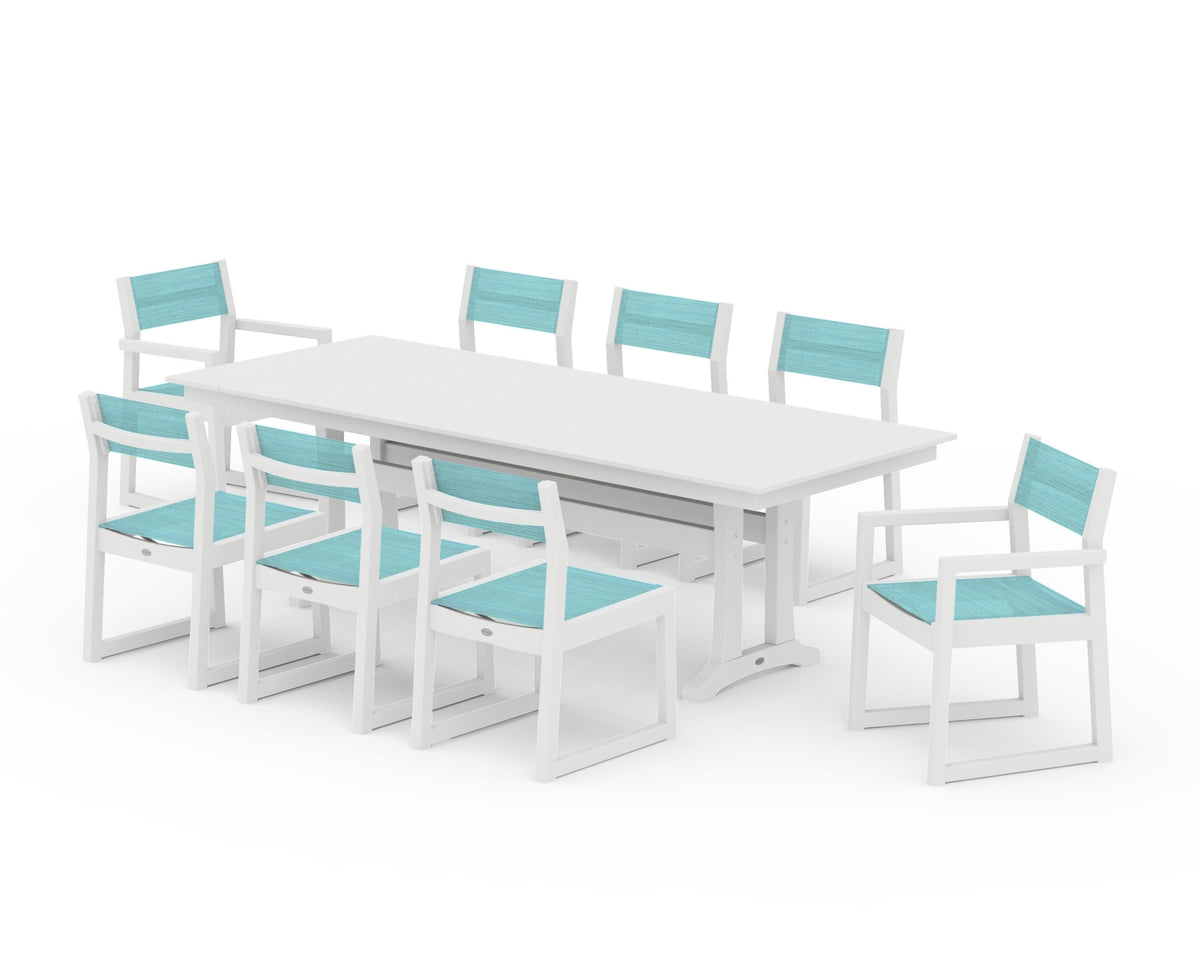 POLYWOOD EDGE Sling 9-Piece Farmhouse Trestle Dining Set in White / Dupioni Aquamarine