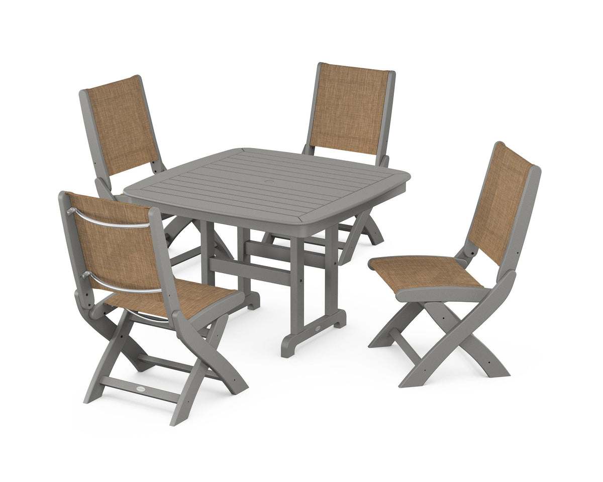 POLYWOOD Coastal Folding Side Chair 5-Piece Dining Set with Nautical 44" Dining Table in Slate Grey / Burlap