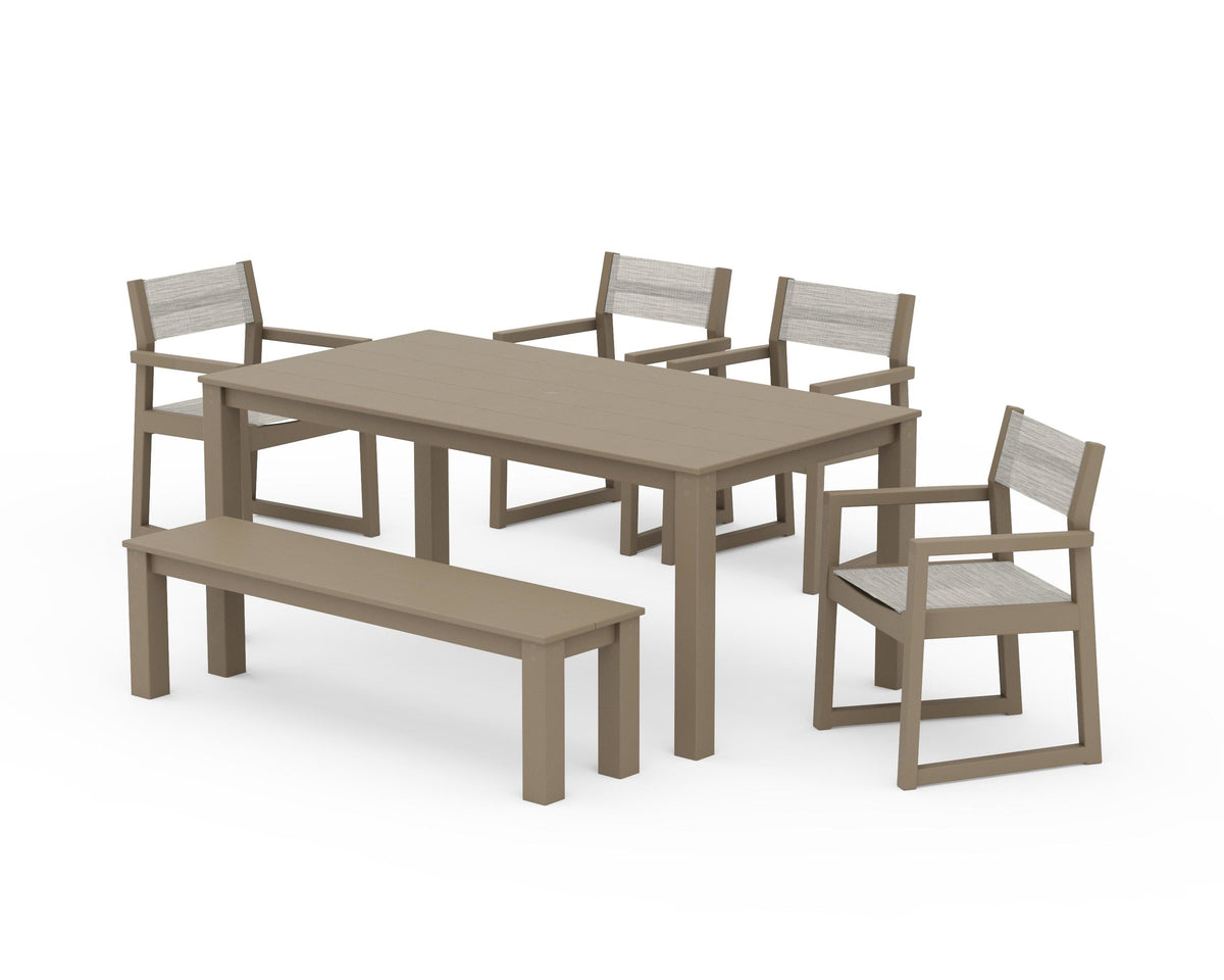 POLYWOOD EDGE Sling Arm Chair 6-Piece Parsons Dining Set with Bench in Vintage Sahara / Birch