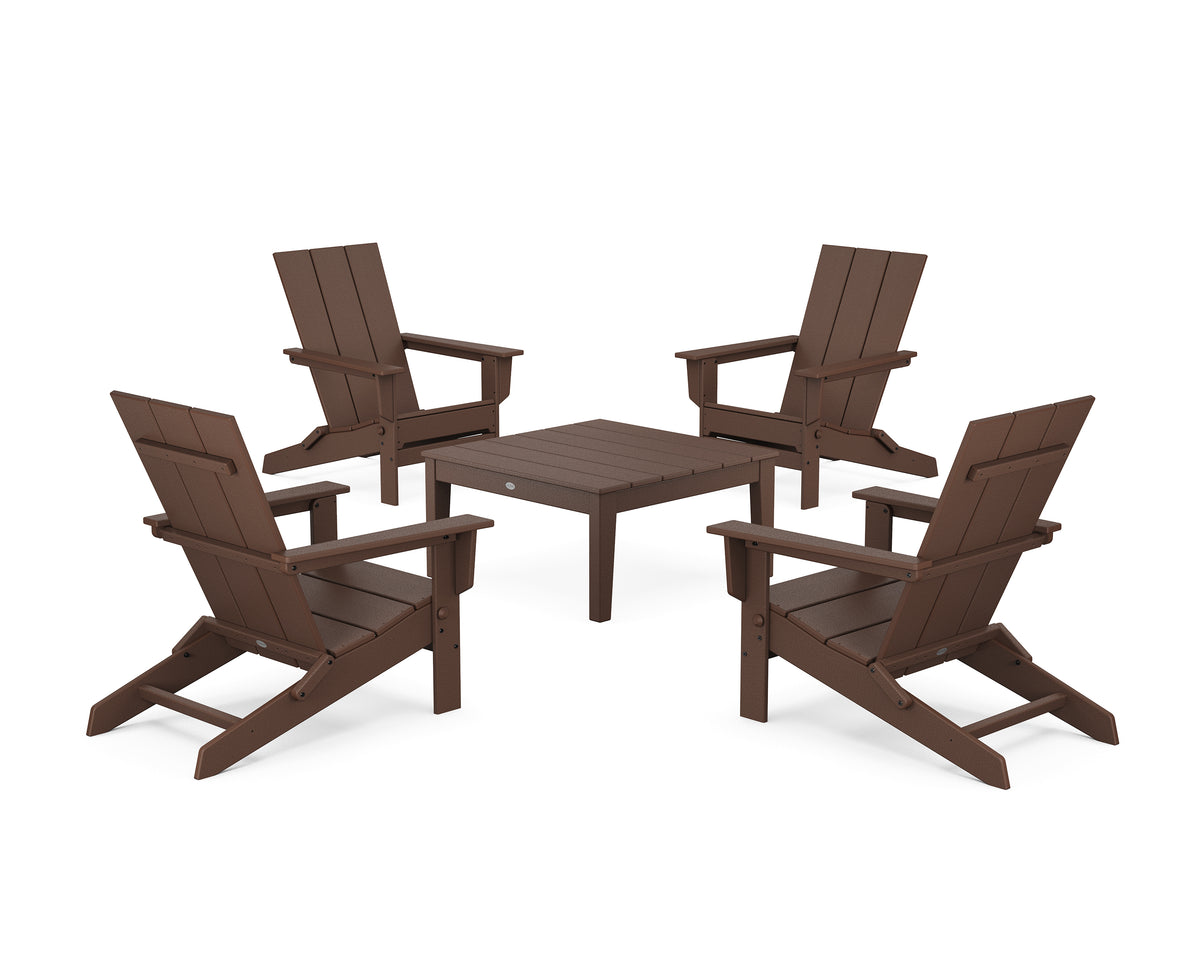 POLYWOOD 5-Piece Modern Studio Folding Adirondack Chair Conversation Group in Mahogany
