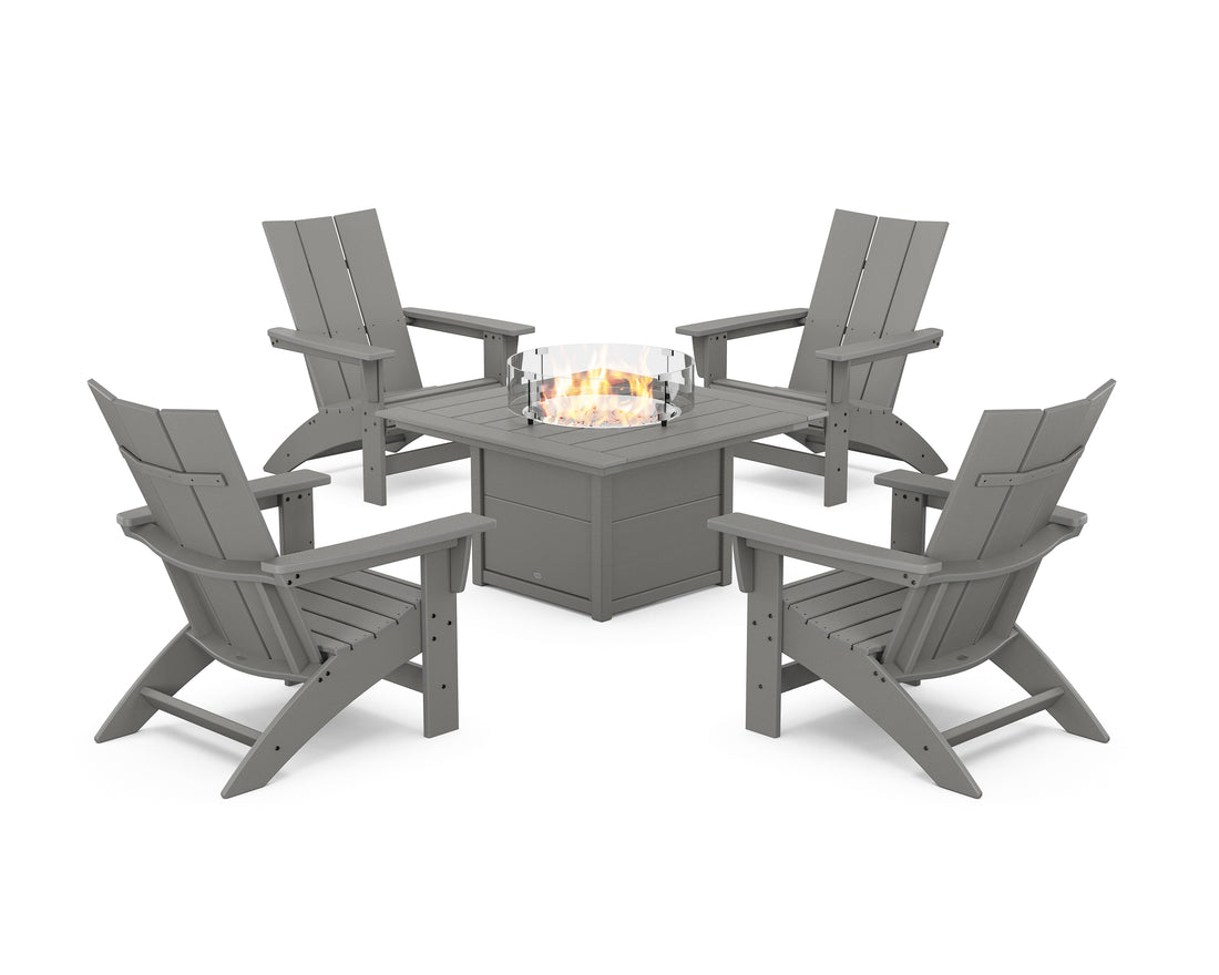 POLYWOOD 5-Piece Modern Grand Adirondack Conversation Set with Fire Pit Table in Slate Grey