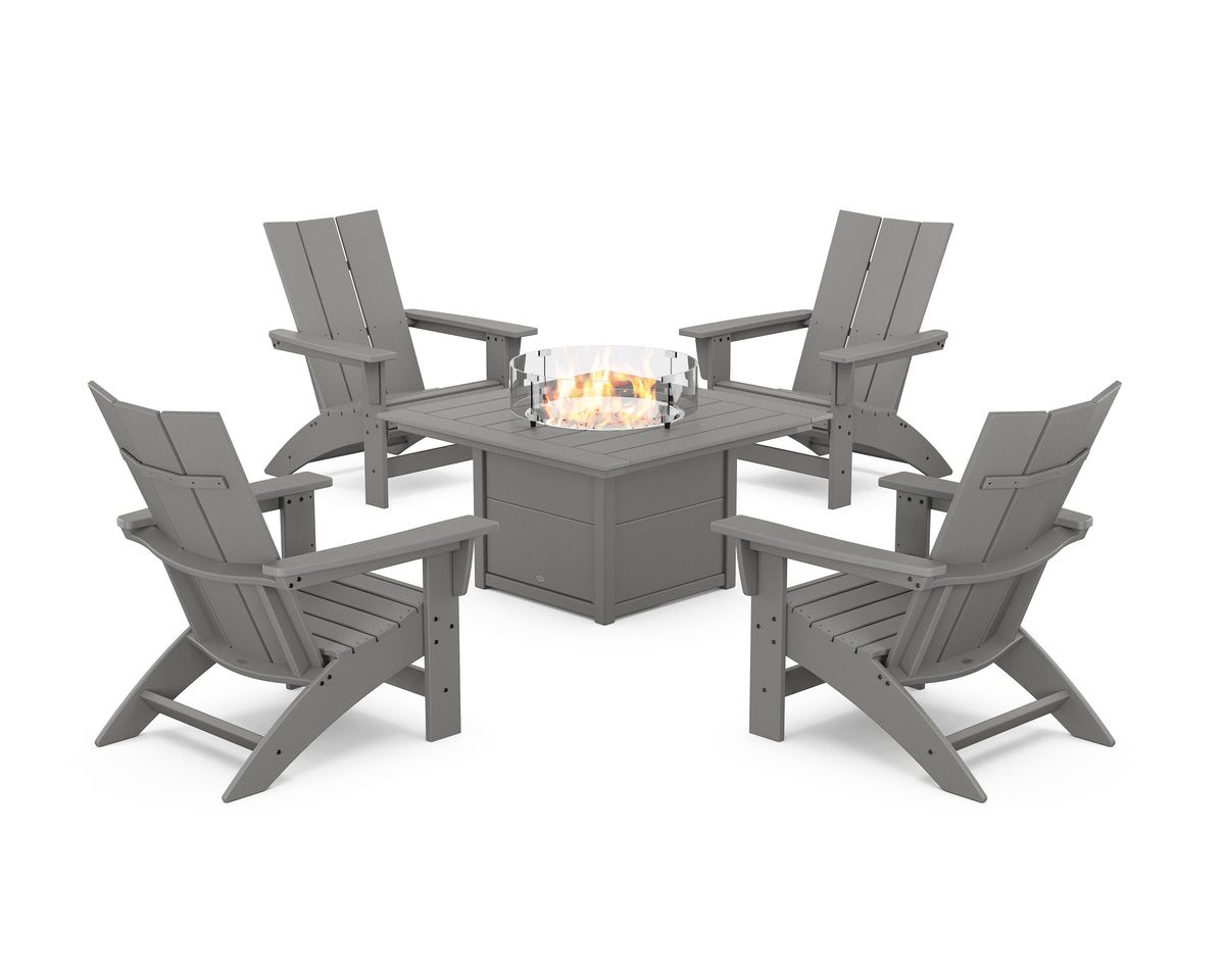 POLYWOOD 5-Piece Modern Grand Adirondack Conversation Set with Fire Pit Table in Slate Grey