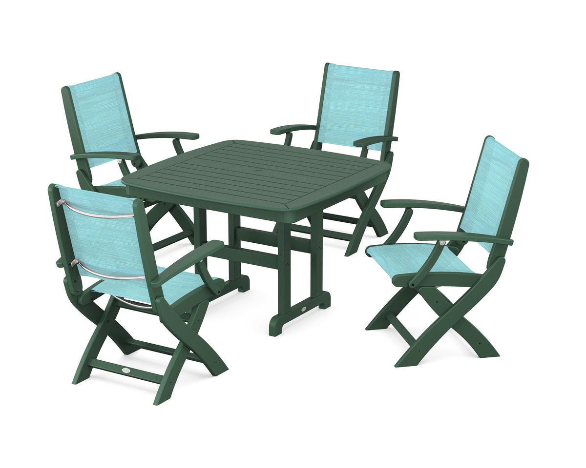 POLYWOOD Coastal Folding Chair 5-Piece Dining Set with Nautical 44" Dining Table in Green / Dupioni Aquamarine