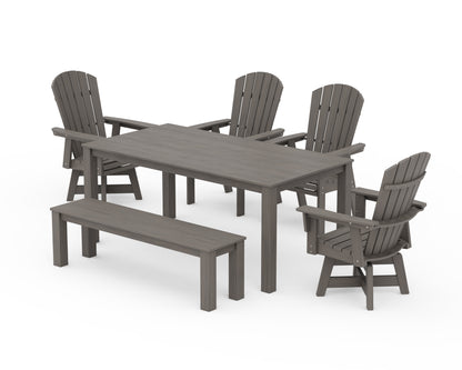 POLYWOOD Nautical Curveback Adirondack Swivel 6-Piece Parsons Dining Set with Bench in Driftwood
