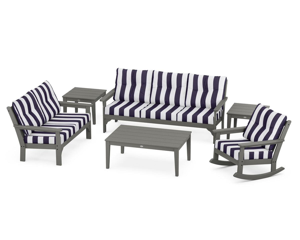 POLYWOOD Vineyard 6-Piece Deep Seating Set with Rocking Chair in Slate Grey / Cabana Stripe Navy