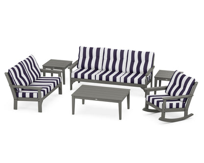 POLYWOOD Vineyard 6-Piece Deep Seating Set with Rocking Chair in Slate Grey / Cabana Stripe Navy