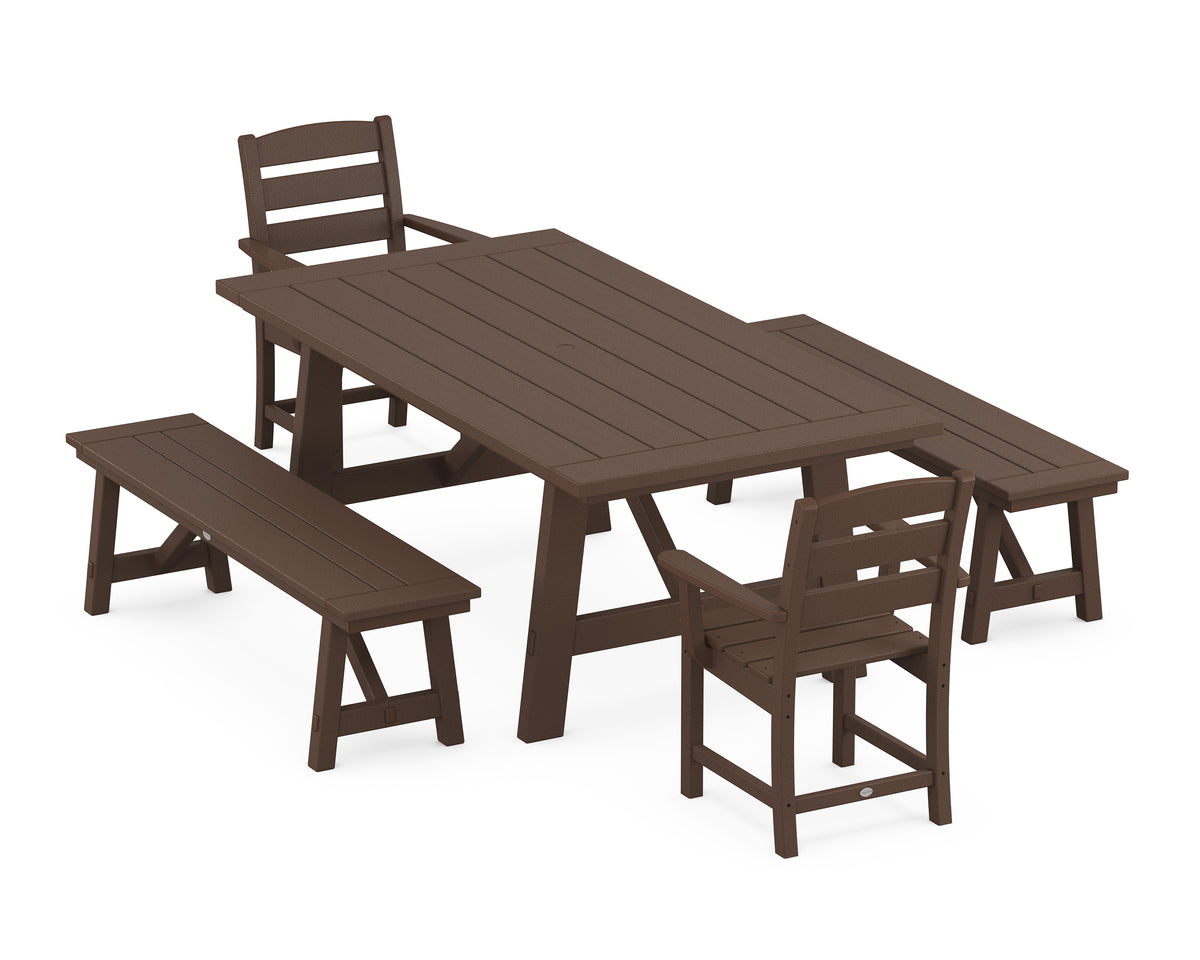 POLYWOOD Lakeside 5-Piece Rustic Farmhouse Dining Set with Benches in Mahogany