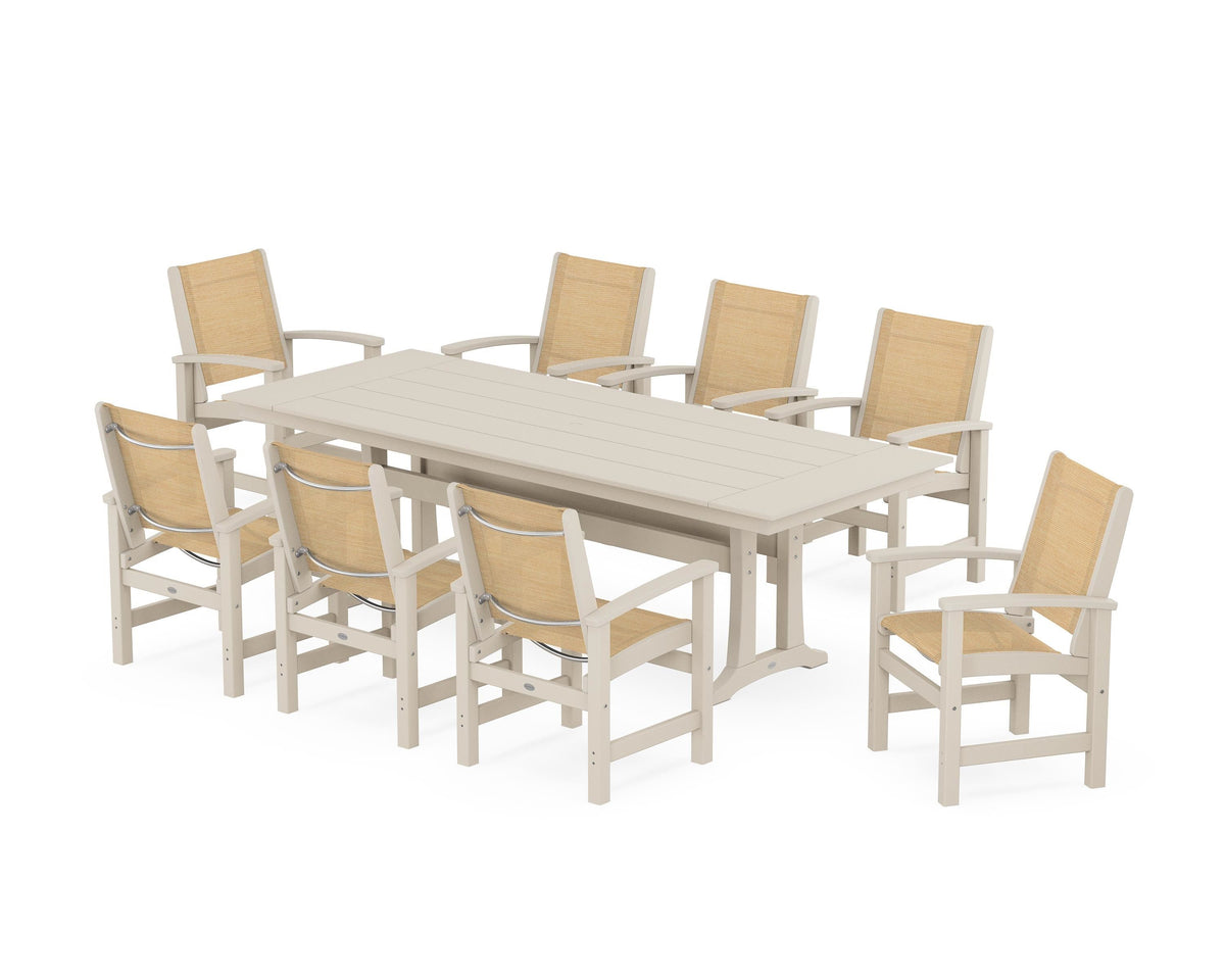 POLYWOOD Coastal 9-Piece Farmhouse Dining Set with Trestle Legs in Sand / Dupioni Apricot