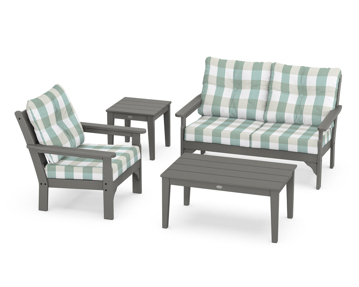 POLYWOOD Vineyard 4-Piece Deep Seating Set with 36" Coffee Table in Slate Grey / Buffalo Plaid Glacier Spa