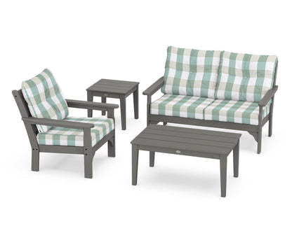 POLYWOOD Vineyard 4-Piece Deep Seating Set with 36" Coffee Table in Slate Grey / Buffalo Plaid Glacier Spa