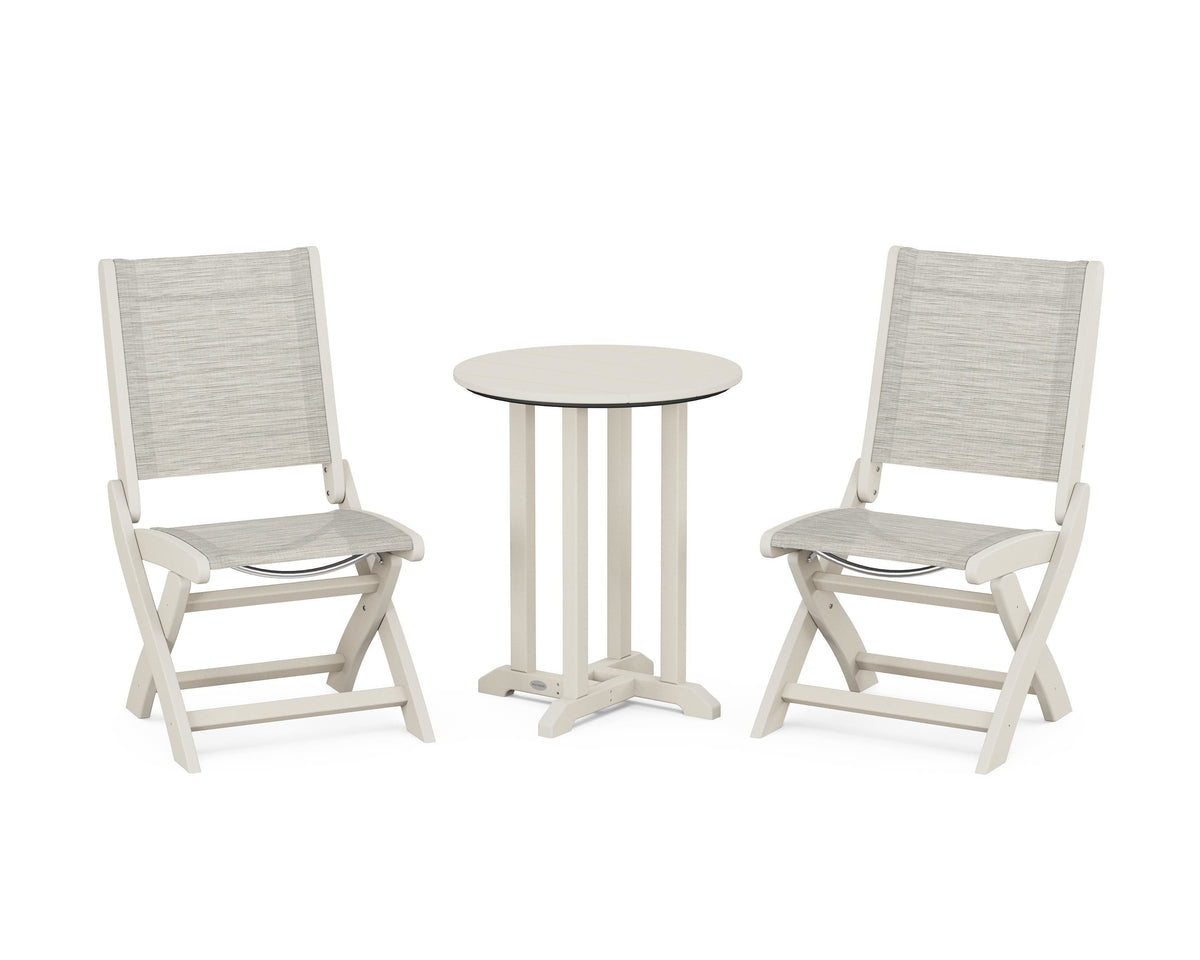 POLYWOOD Coastal Folding Side Chair 3-Piece Round Bistro Dining Set in Sand / Birch