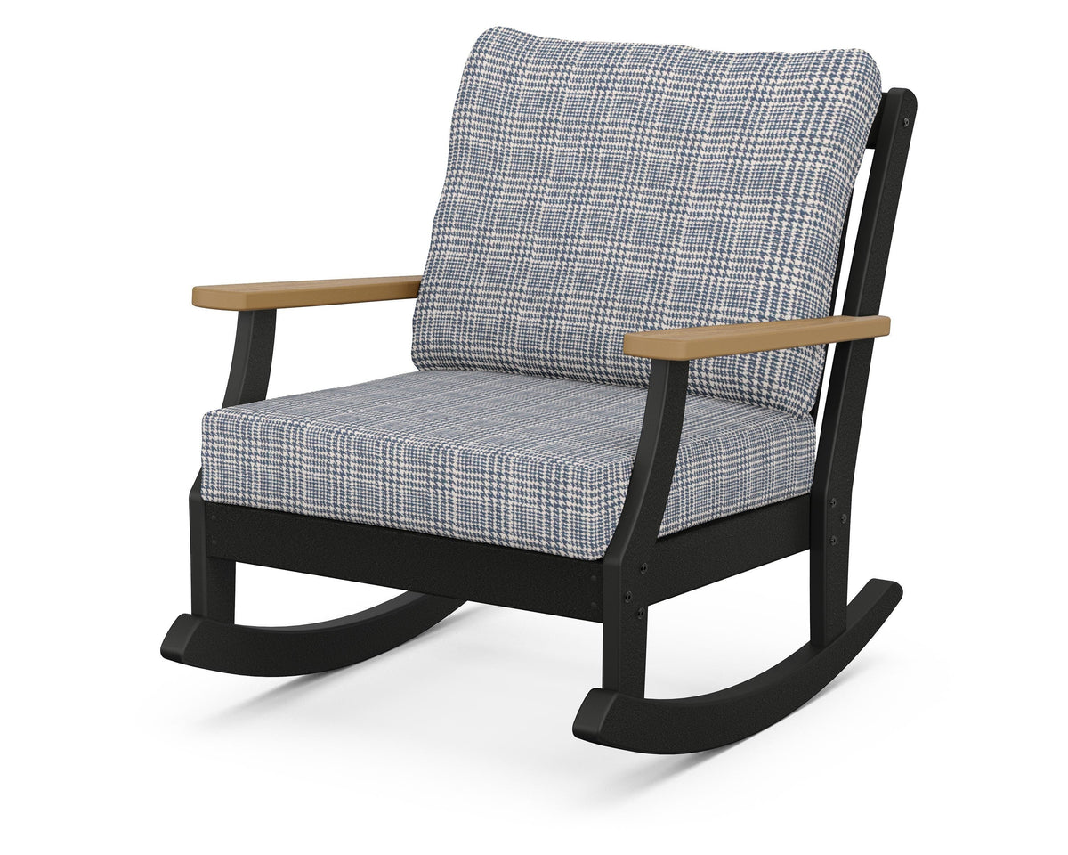 POLYWOOD Braxton Deep Seating Rocking Chair in Black / Natural / Houndstooth Sky Blue