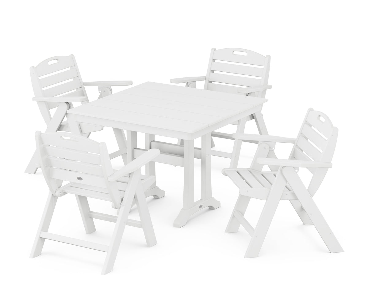 POLYWOOD Nautical Folding Lowback Chair 5-Piece Farmhouse Dining Set with Trestle Legs - 37" Table in White