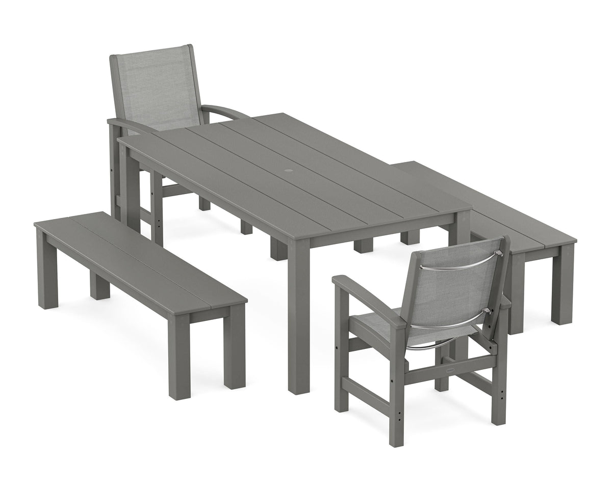 POLYWOOD Coastal 5-Piece Parsons Dining Set with Benches in Slate Grey / Metallic