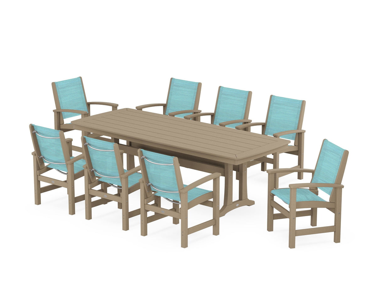 POLYWOOD Coastal 9-Piece Dining Set with Trestle Legs in Vintage Sahara / Dupioni Aquamarine