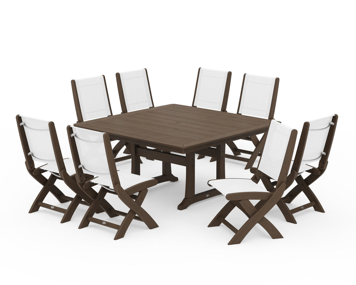 POLYWOOD Coastal Folding Side Chair 9-Piece Dining Set with Trestle Legs in Kona / White
