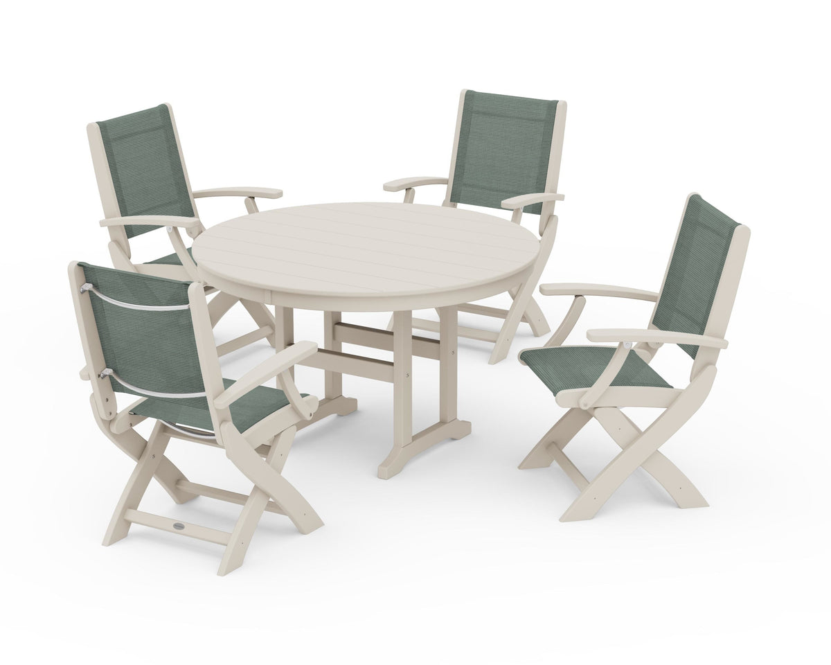 POLYWOOD Coastal Folding Chair 5-Piece Round Dining Set in Sand / Dupioni Sea Mist