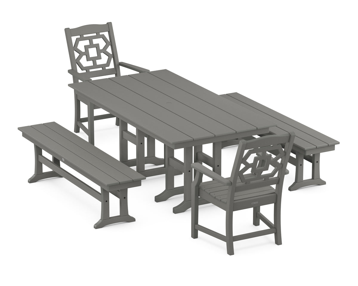 POLYWOOD Chinoiserie 5-Piece Farmhouse Dining Set with Benches in Slate Grey