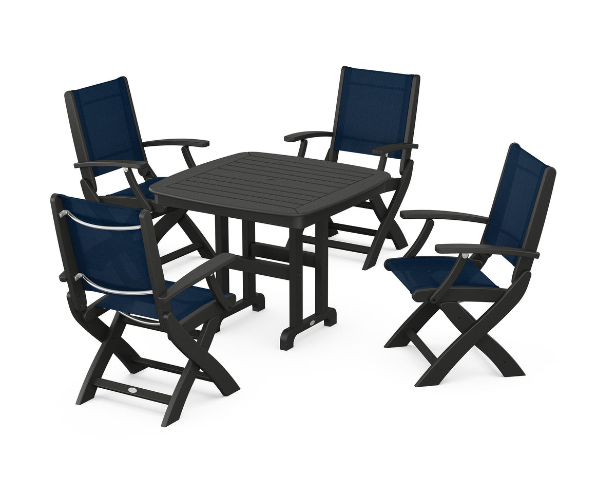 POLYWOOD Coastal Folding Chair 5-Piece Dining Set with Nautical 37" Dining Table in Black / Navy Blue