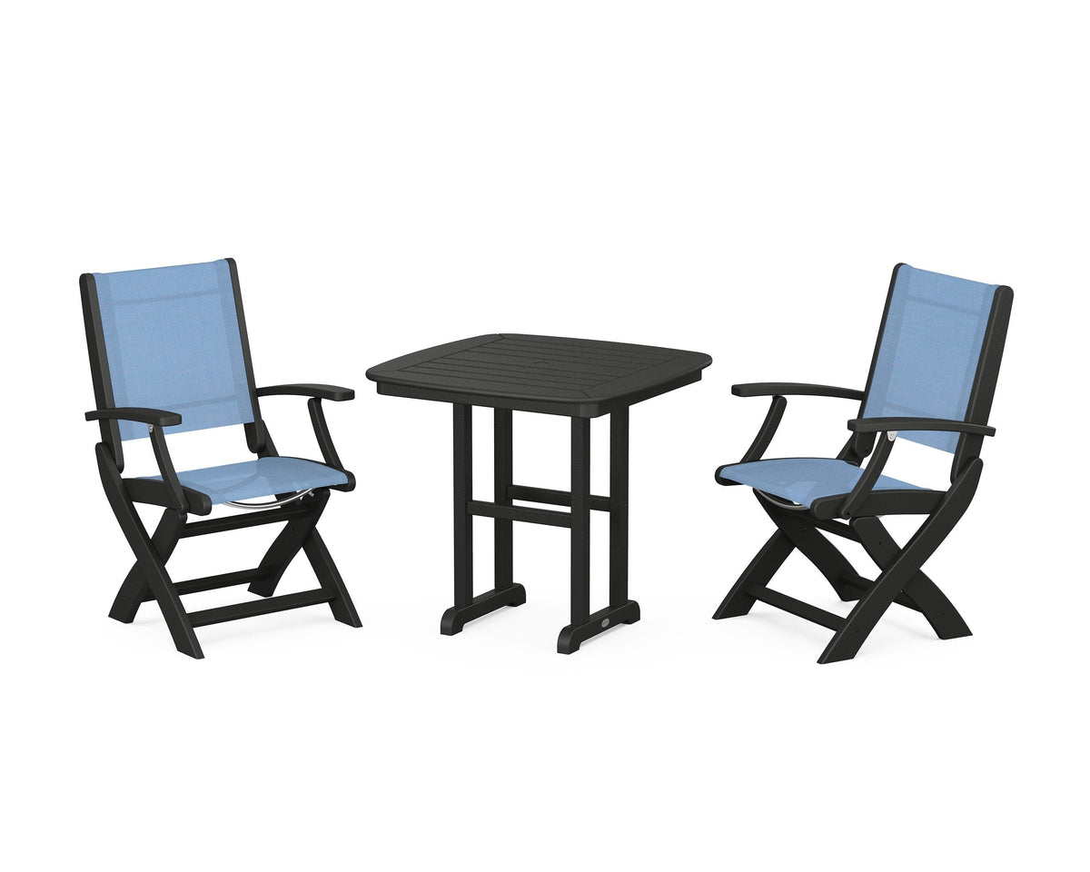 POLYWOOD Coastal Folding Chair 3-Piece Dining Set in Black / Poolside