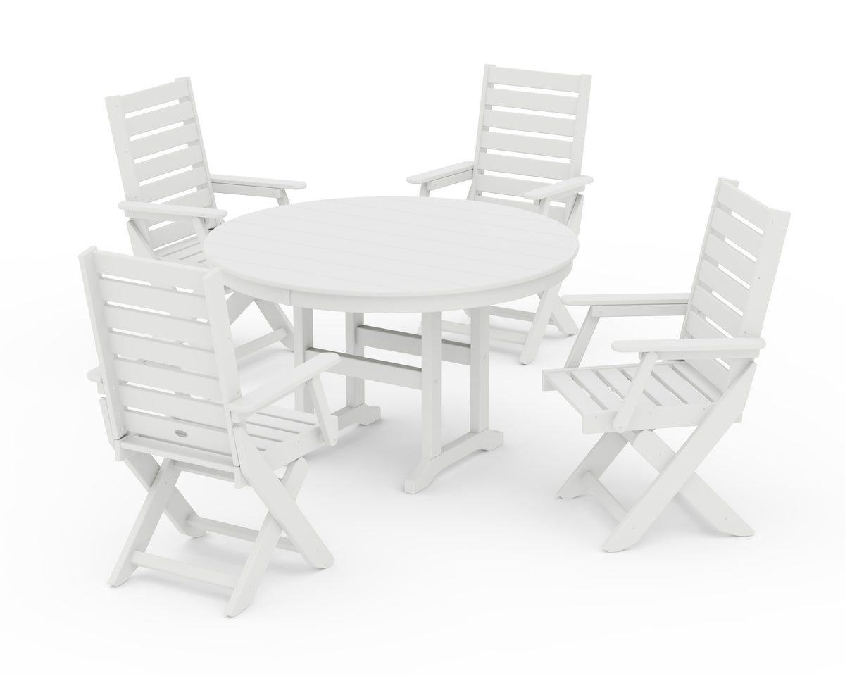 POLYWOOD Captain Folding Chair 5-Piece Round Dining Set in White