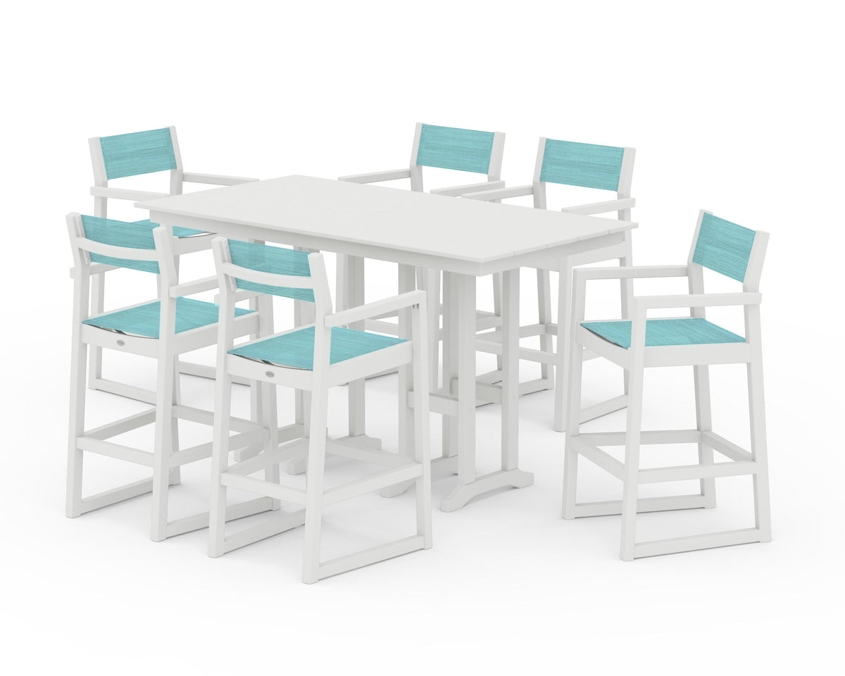 POLYWOOD EDGE Sling Arm Chair 7-Piece Farmhouse Bar Set in Vintage White / Dupioni Aquamarine