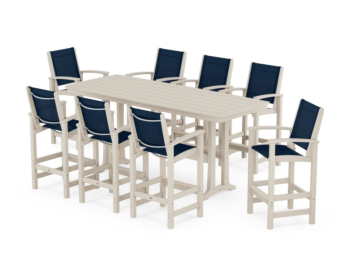 POLYWOOD Coastal 9-Piece Bar Set with Trestle Legs in Sand / Navy Blue