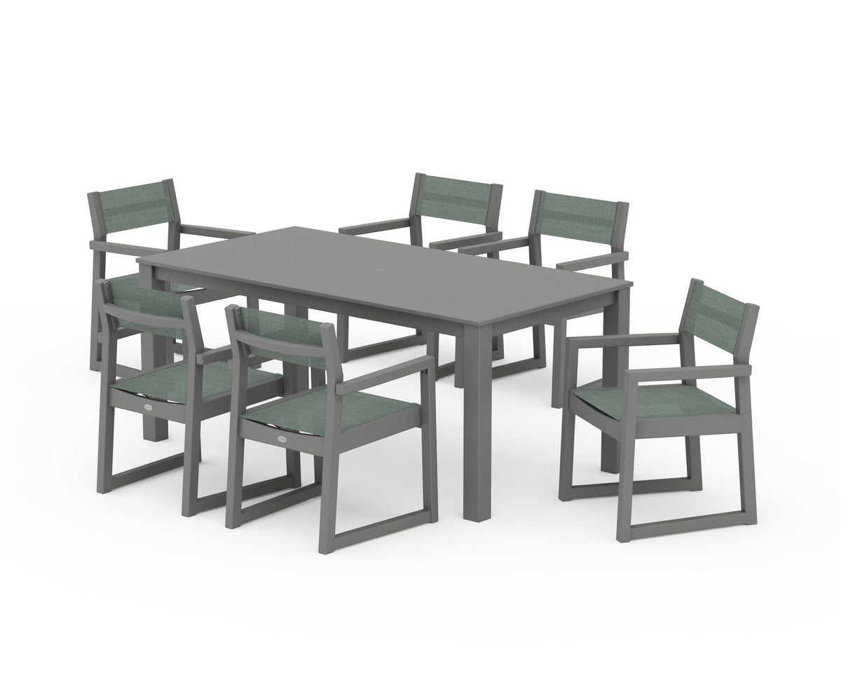 POLYWOOD EDGE Sling Arm Chair 7-Piece Parsons Dining Set in Slate Grey / Dupioni Sea Mist
