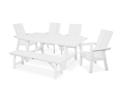 POLYWOOD Modern Curveback Adirondack 6-Piece Rustic Farmhouse Dining Set with Bench in White