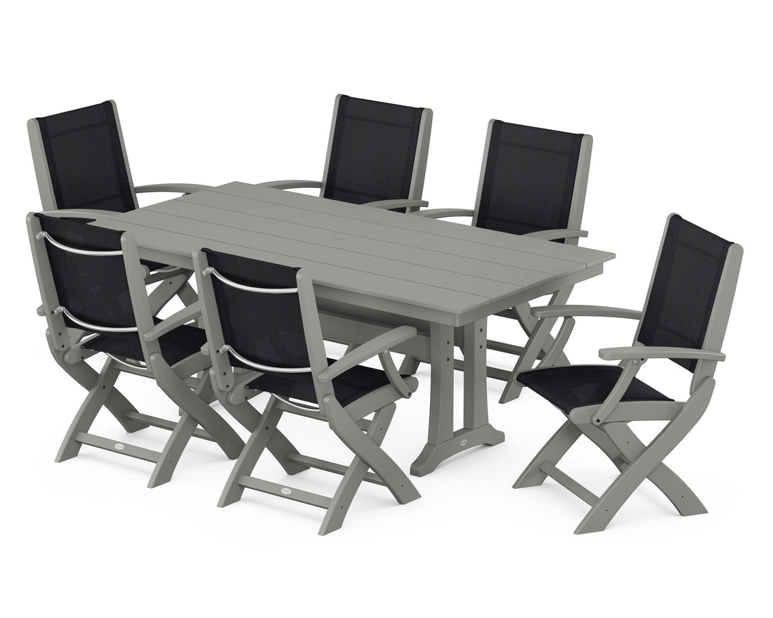 POLYWOOD Coastal Folding Arm Chair 7-Piece Farmhouse Dining Set with Trestle Legs in Slate Grey / Black