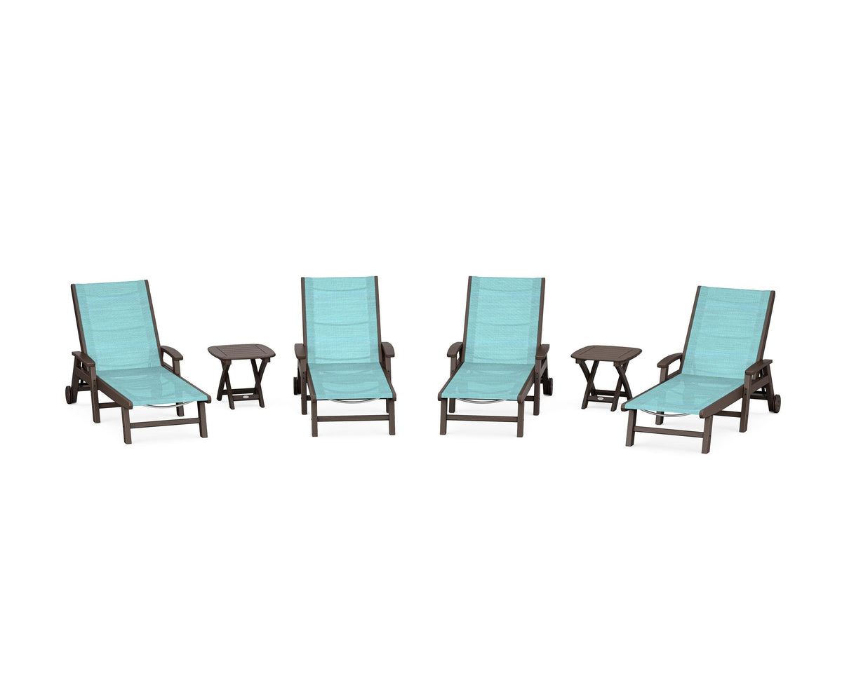 POLYWOOD Coastal Chaise 6-Piece Set with Wheels in Mahogany / Dupioni Aquamarine