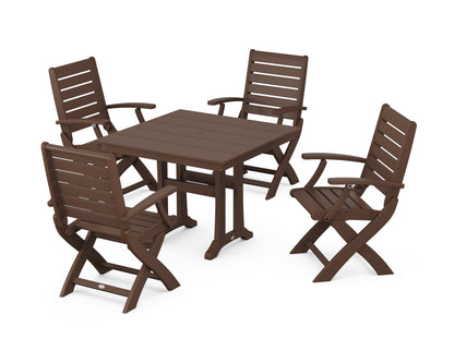 POLYWOOD Signature Folding Chair 5-Piece Farmhouse Dining Set with Trestle Legs in Mahogany