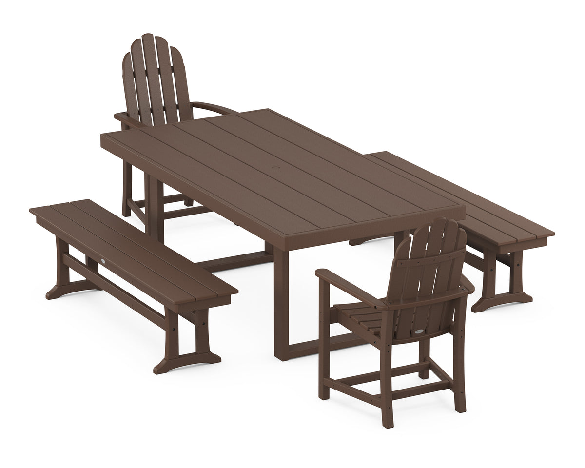 POLYWOOD Classic Adirondack 5-Piece Dining Set with Benches - 39" x 78" Table in Mahogany
