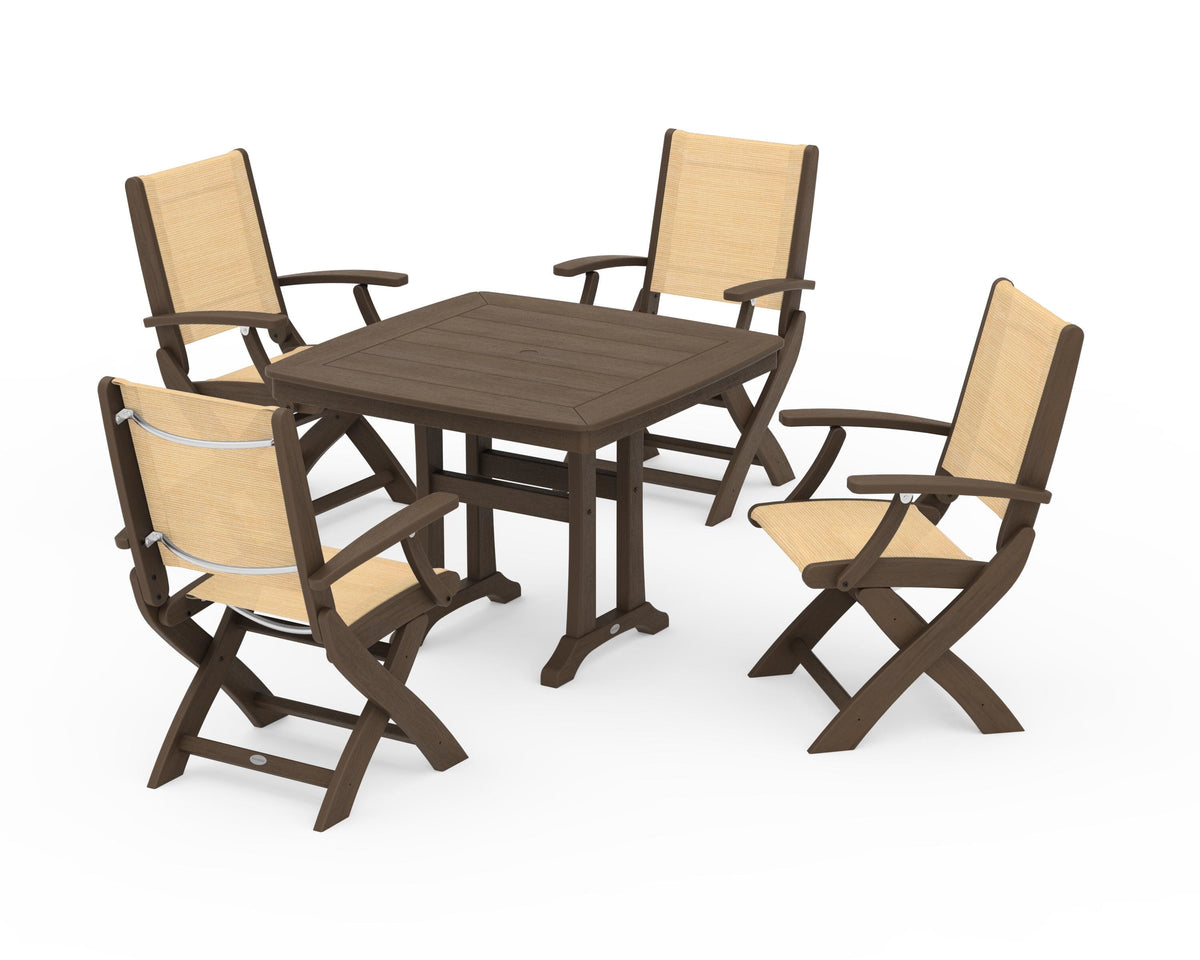 POLYWOOD Coastal Folding Chair 5-Piece Dining Set with Trestle Legs in Kona / Dupioni Apricot