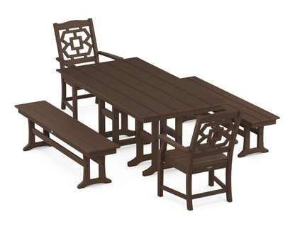 POLYWOOD Chinoiserie 5-Piece Farmhouse Dining Set with Benches in Mahogany