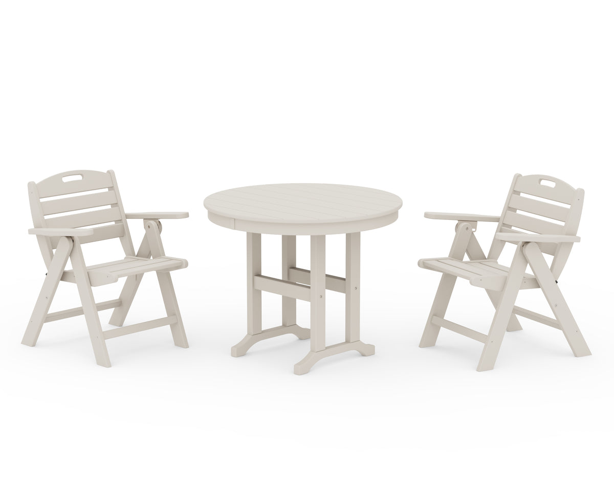 POLYWOOD Nautical Folding Lowback Chair 3-Piece Round Dining Set in Sand