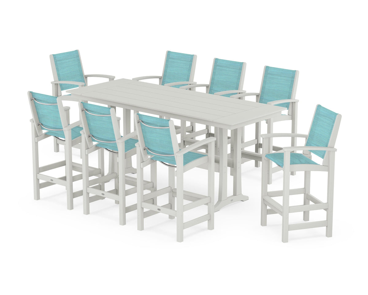 POLYWOOD Coastal 9-Piece Farmhouse Bar Set with Trestle Legs in Vintage White / Dupioni Aquamarine