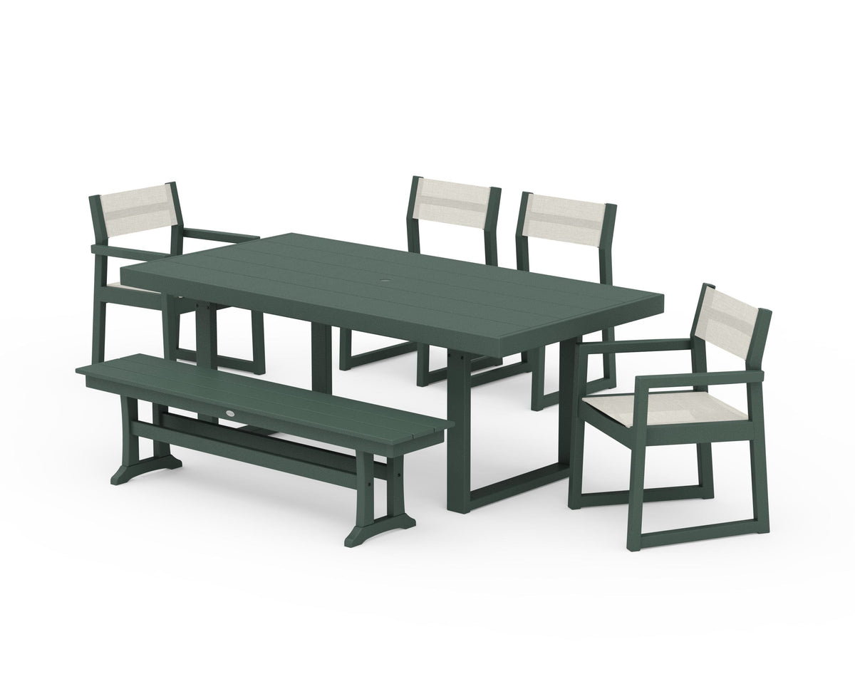 POLYWOOD EDGE Sling 6-Piece Dining Set with Bench in Green / Parchment
