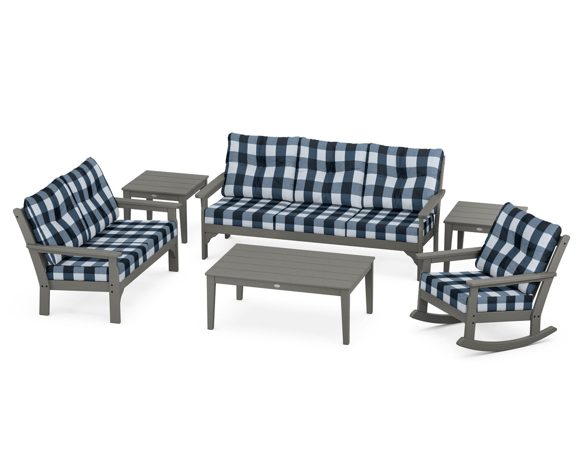 POLYWOOD Vineyard 6-Piece Deep Seating Set with Rocking Chair in Slate Grey / Buffalo Plaid Marine Indigo