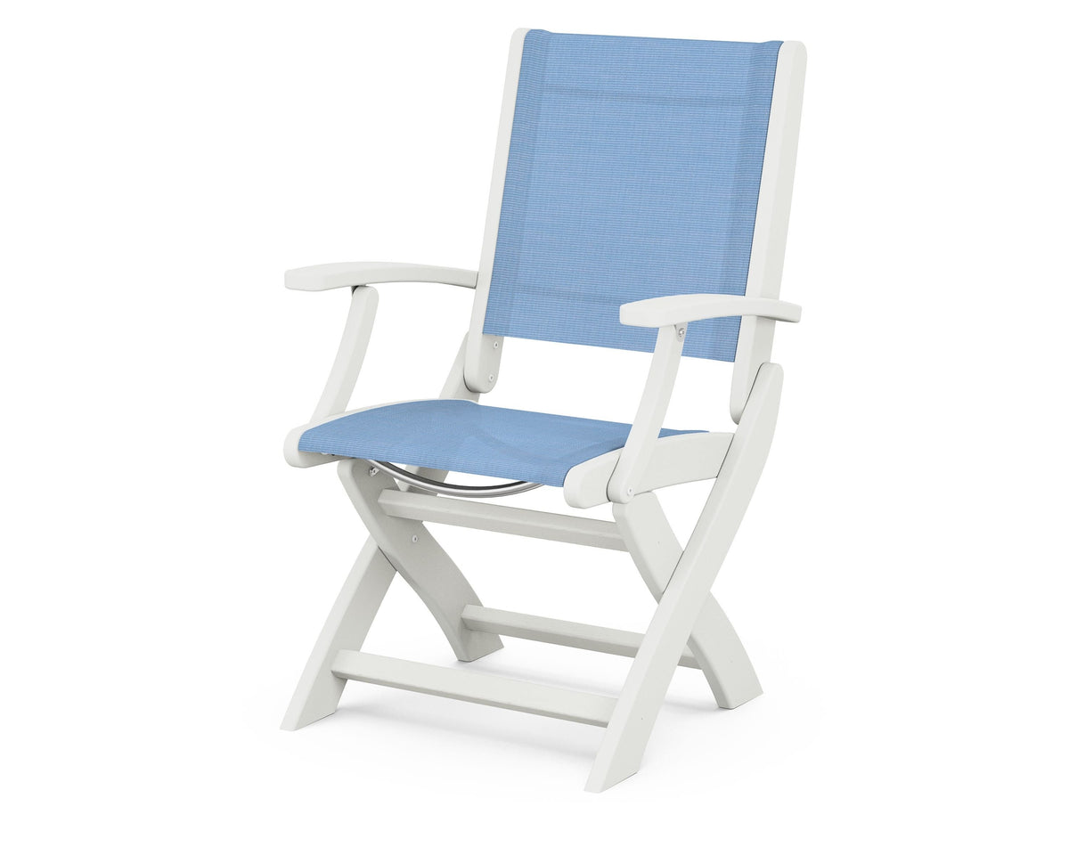 POLYWOOD Coastal Folding Chair in Vintage White with Vintage White arms and Poolside sling