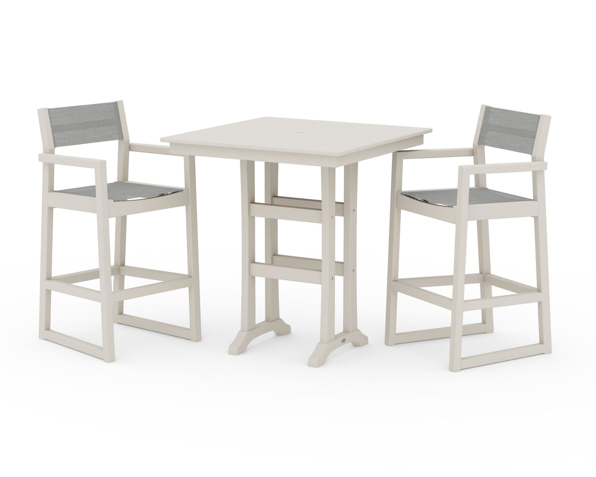 POLYWOOD EDGE Sling Arm Chair 3-Piece Farmhouse Bar Set with Trestle Legs in Sand / Metallic