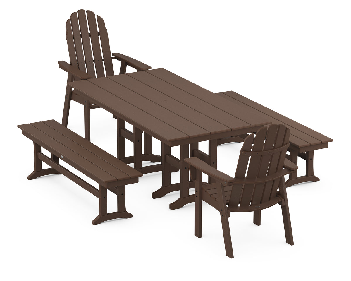 POLYWOOD Vineyard Curveback Adirondack 5-Piece Farmhouse Dining Set with Benches in Mahogany