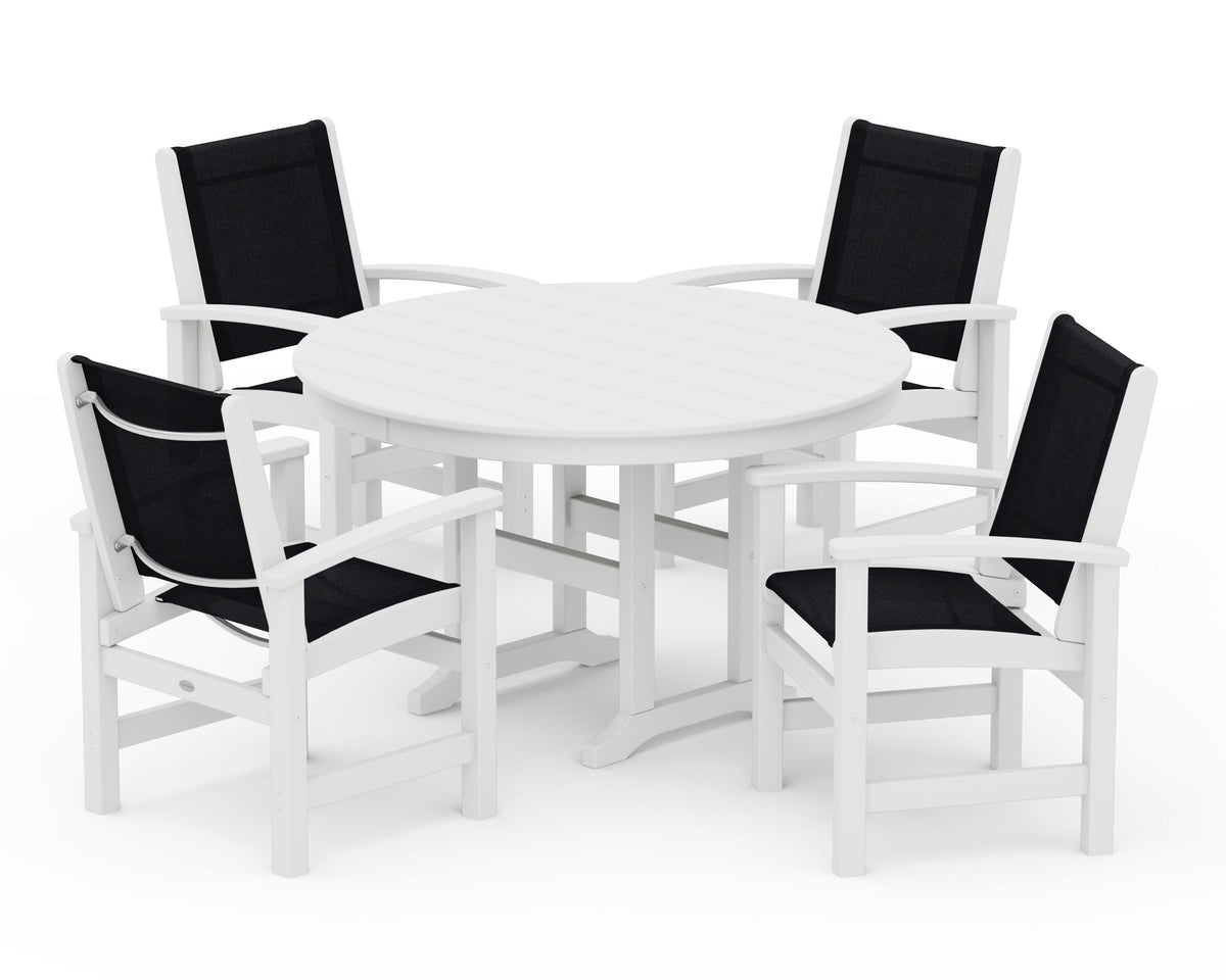POLYWOOD Coastal 5-Piece Round Farmhouse Dining Set in White / Black