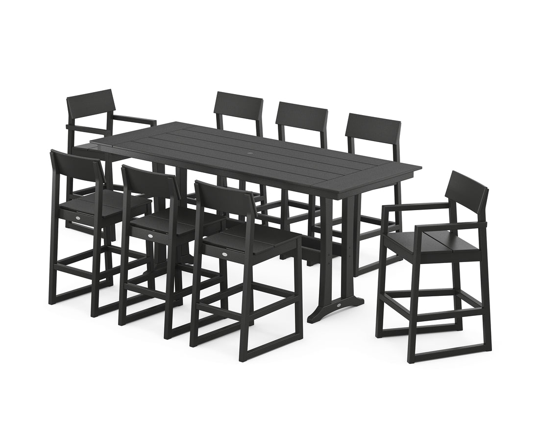 POLYWOOD EDGE 9-Piece Farmhouse Bar Set with Trestle Legs in Black